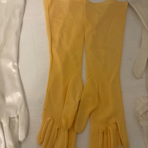Vintage ladies dress gloves yellow white pink satin lace - Picture 3 of 6